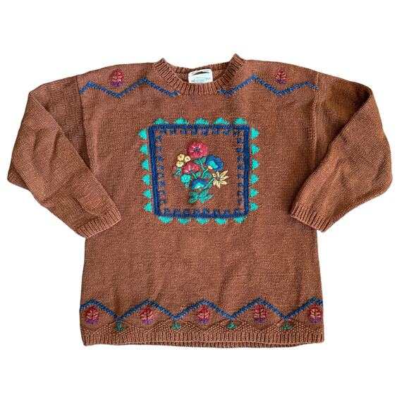 Vintage IZOD International Hand Knit Sweater Floral 
Brown Size Large - Picture 1 of 7